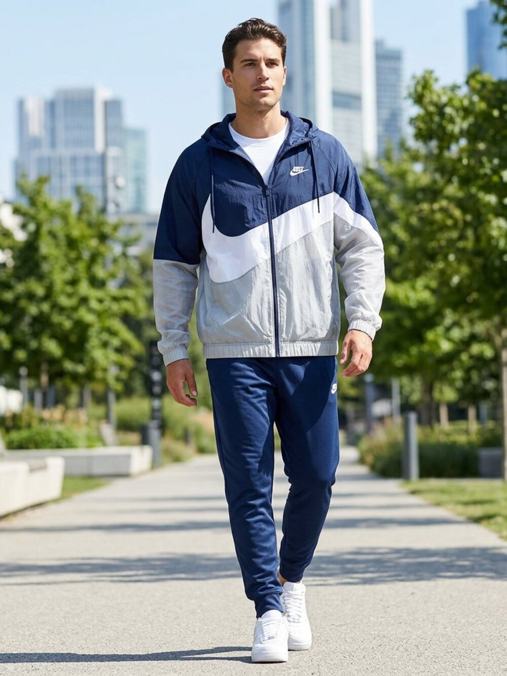 NIKE Light Jacket M Hoodie Blue White Stripe Zip Front Machine Wash